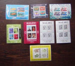 Malawi 7 x M/S MNH 1970 1977 Fish Coins Paintings Moths Shrubs Christmas etc 