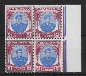 MALAYA JOHORE SG145 1949 $1 BLUE & PURPLE BLOCK OF 4 MNH