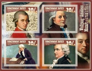 Stamps. Music by Wolfgang Mozart 2022 year 1+1 sheets perf Tanzania