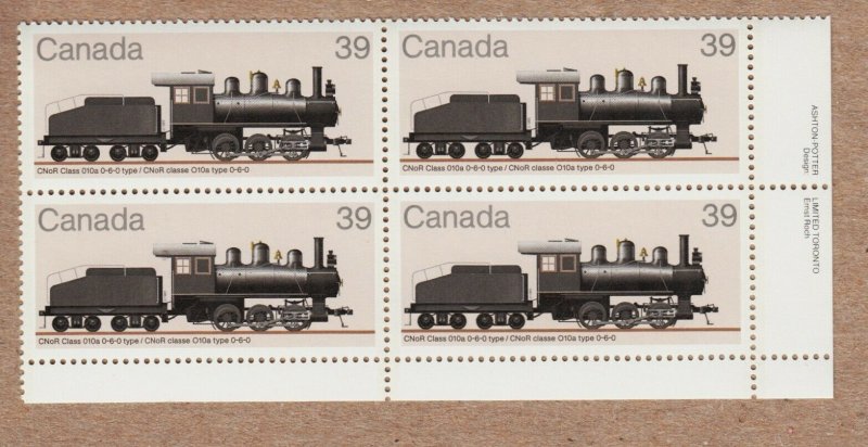 HISTORY of LOCOMOTIVES (1906-1925) = Canada 1985 #1073 LR PLATE Block of 4 MNH