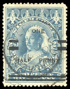 Niger Coast 1894 QV ½d on 2½d blue Position #3 OLD CALABAR cds VFU. SG 65.