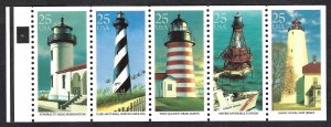 United States #2474a 25¢ Lighthouses (1990). Booklet pane of 5. MNH