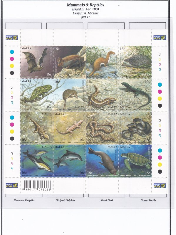 Malta # 1159, Mammals & Reptiles, Sheet of 16, Mint NH, 1/2 Cat..