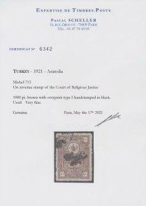 MOMEN: TURKEY IN ASIA SC #17 1921 USED **SCHELLER CERT** $1,750 LOT #63924