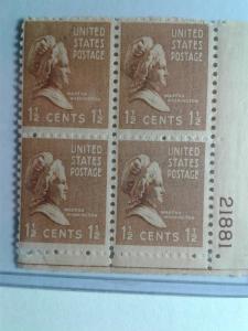 SCOTT # 805 EFO MARTHA WASHINGTON BLIND PERFS PLATE BLOCK  MINT NEVER HINGED GEM