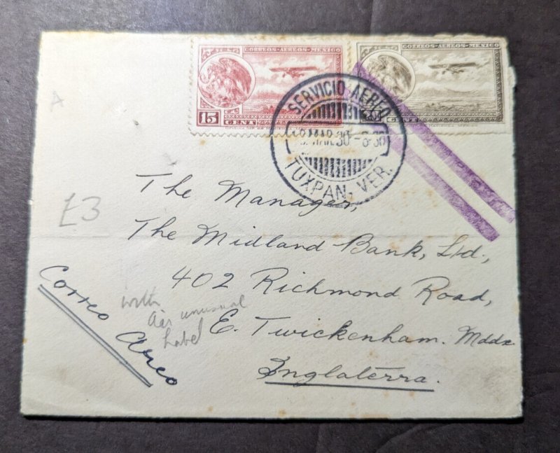 1930 Mexico Airmail Cover Tuxpan Veracruz to Twickenham Mddx England