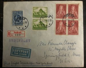 1946 Vedbaek Denmark First Flight Cover To Springfield MA USA Via Copenhagen-NY