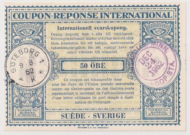 Sweden International Reply Coupon 1952 pm Minneapolis MN IRC