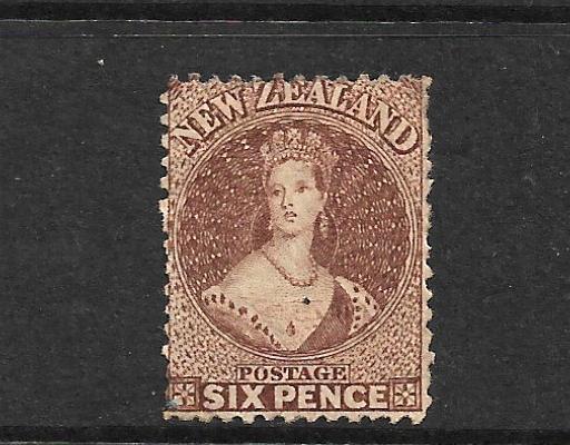 NEW ZEALAND 1864-71  6d  REDDISH BROWN  FFQ  MH  P12 1/2  CPA5H4  SG 122a CHALON