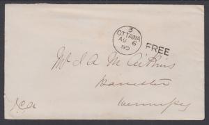 Canada, 1880 Stampless Cover, black Ottawa P.O. Government Free Postmark