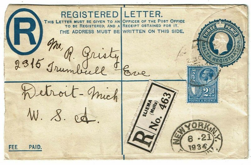 Malta 1934 Sliema cancel on registry envelope to the U.S.