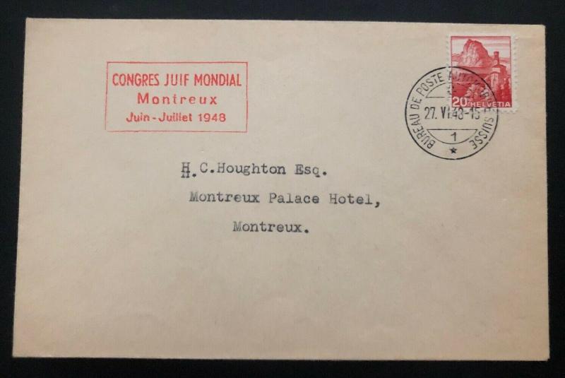 1948 Mobil PO Switzerland Zionist Congress Cover To Montreaux Palace Hotel