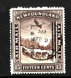 Newfoundland-Sc#211ii-used 15c brown airmail - overprinted L & S Post shifted le