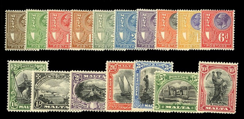 Malta #131-147 Cat$202.85, 1926-27 Postage and Postage, complete set, hinged