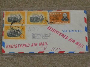 LIBERIA, 1952, REGISTERED AIR MAIL TO MONTGOMERY WARD`S, CHICAGO, ILL., USA