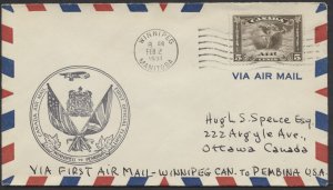 1931 Winnipeg Canada to Pembina USA Flight Cover #C2 AAMC #3105