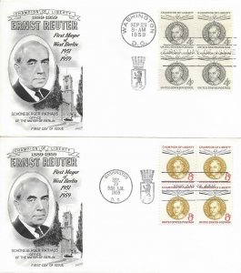 1959 FDC, #1136-1137, 4c/8c Ernst Reuter, Fleetwood (2), block of 4