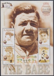 ST VINCENT Sc # 3196a-d CPL MNH SHEETLET of 4 DIFF - BABE RUTH, SULTAN of SWAT