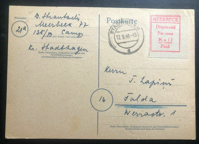 1946 Meerbeck Stadthagen Germany Displaced Person DP Camp PC Cover to Fulda