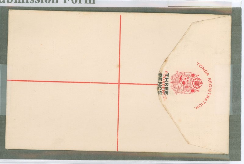 Tonga  1908 Three Pence/four pence Reg. Env. flap not stuck, very minor soiling
