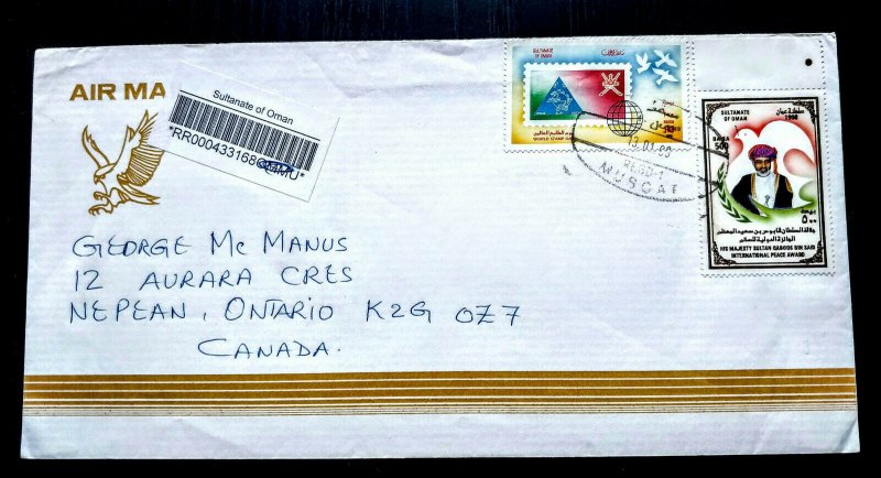 V.RARE OMAN 1998 REGISTERED “GOLD PRINTING” STAMP COVER TO CANADA HARD TO FIND