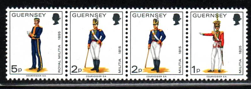 Guernsey # 96-98 ~ Strip of 4 ~ Uniforms ~ Mint, NH