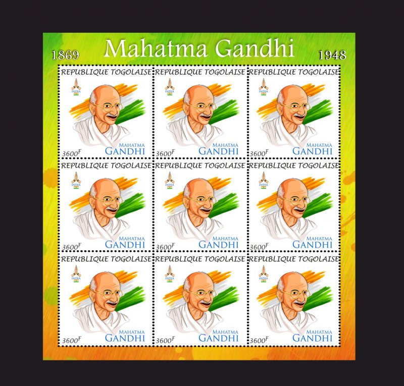 Stamps. Mahatma Gandhi Togo 2022 year sheet 9 stamps perforated