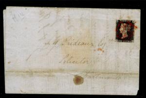 GB 1840 SG2 1d black PLATE 4 FINE USED. Cat £750. RED MX. ON LETTERSHEET.