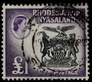 RHODESIA & NYASALAND QEII SG31, £1 black & deep violet, FINE USED. Cat £65.