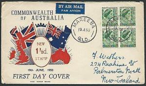 AUSTRALIA 1950 QE 1½d blk of 4 on commem FDC...........................38285