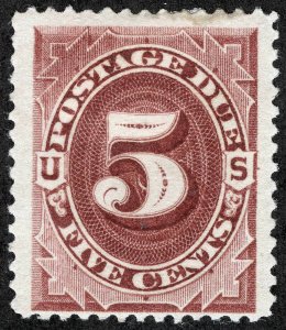 US Sc J25 Bright Claret 5¢ 1891 Postage Due Original Gum Hinge Remnant