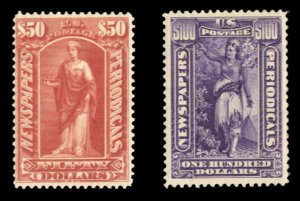 United States, Newspaper Stamps #PR124-125 Cat$140, 1895 $50 and $100, hinged