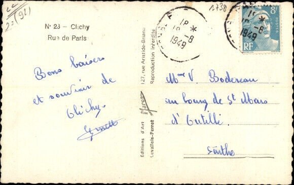 RPPC France 1949 Postcard Clichy Hauts de Seine, Rue de Paris, Posted !