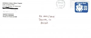 US OFFICIAL MILITARY MAIL COVER #UO74 TO HQ DENVER PM NORTH JERSEY N.J. 1987