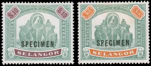 MALAYA - SELANGOR 1895 $10 and $25 ELEPHANTS SPECIMEN OVERPRINTS MINT #40S 41...