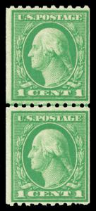 Scott 448 1915 1c Washington Rotary Press Coil Line Pair F-VF OG NH Cat $125