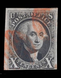 MOMEN: US STAMPS # 2 IMPERF USED ORANGE CANCEL $1,350 LOT #16388-14