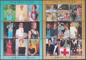 NIGER  Sc # 0944-5a MNH SET of 2 SHEETS of 9 DIFF each - PRINCESS DIANA