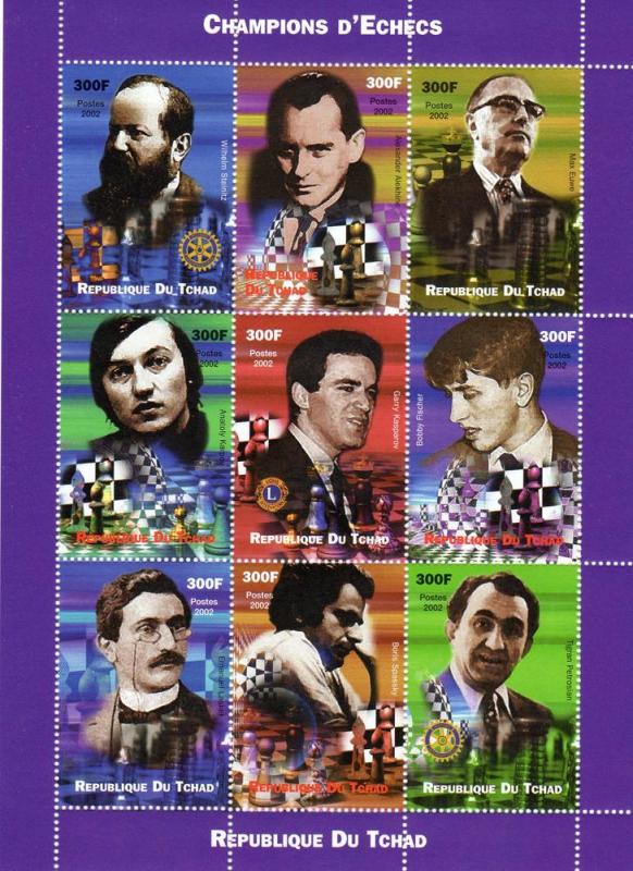 Chad 2002 Champions of Chess-Rotary-Lions Sheetlet (9) Perforated MNH