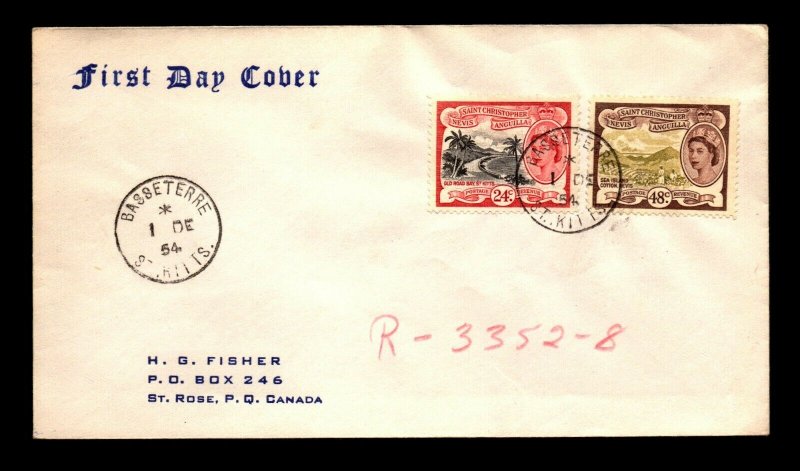 St Kitts 1954 Series 24c & 48c FDC / Registered To Canada - L17046