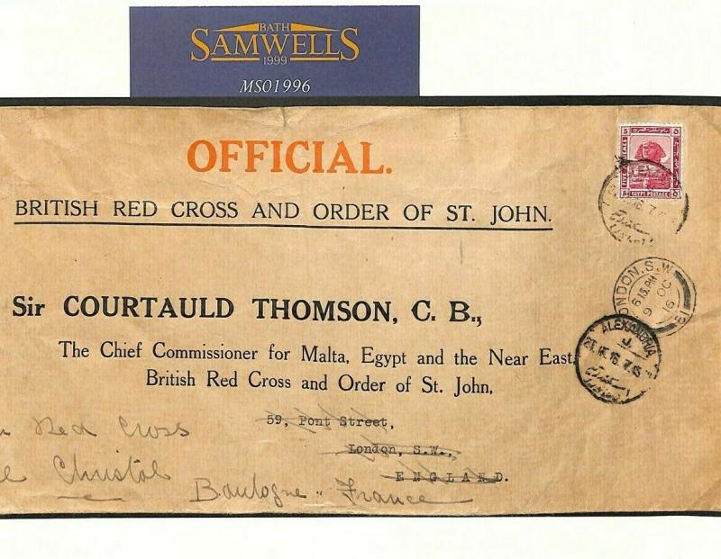 EGYPT WW1 Official RED CROSS Cover *Courtauld Thomson* 1916 France MS1996