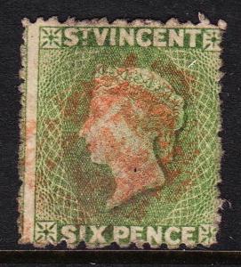 ST. VINCENT — SCOTT 21 (SG 23)— 1863 VICTORIA 6P — PL GREEN — USED — SCV $60.00