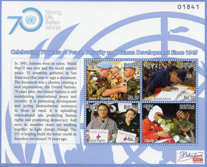 Bhutan 2015 MNH UN United Nations 70 Years Peace Security Developm 4v M/S Stamps