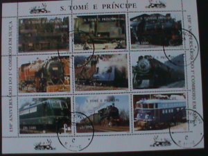 ST.THOMAS-CLASSIC ANTIQUE LOCOMOTIVE TRAINS CTO LARGE SHEET.VF FANCY CANCEL