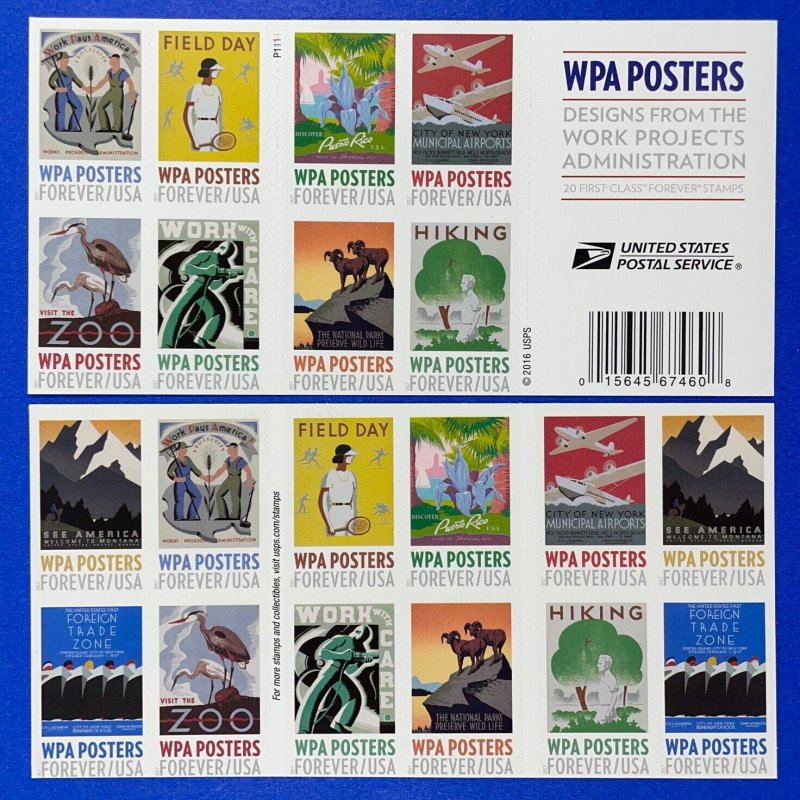 5180 - 5189  WPA POSTERS Booklet Pane of 20 US Forever Stamps MNH 2017