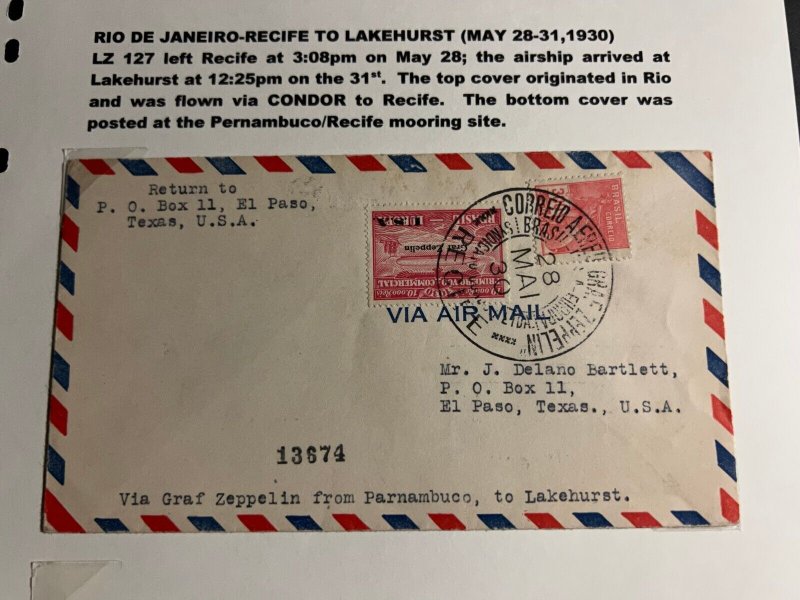 1930 Brazil Graf Zeppelin Airmail Cover Pernambuco Recife to El Paso TX USA