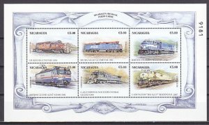 Nicaragua, Scott cat. 2285 a-f. Various Trains sheet. ^