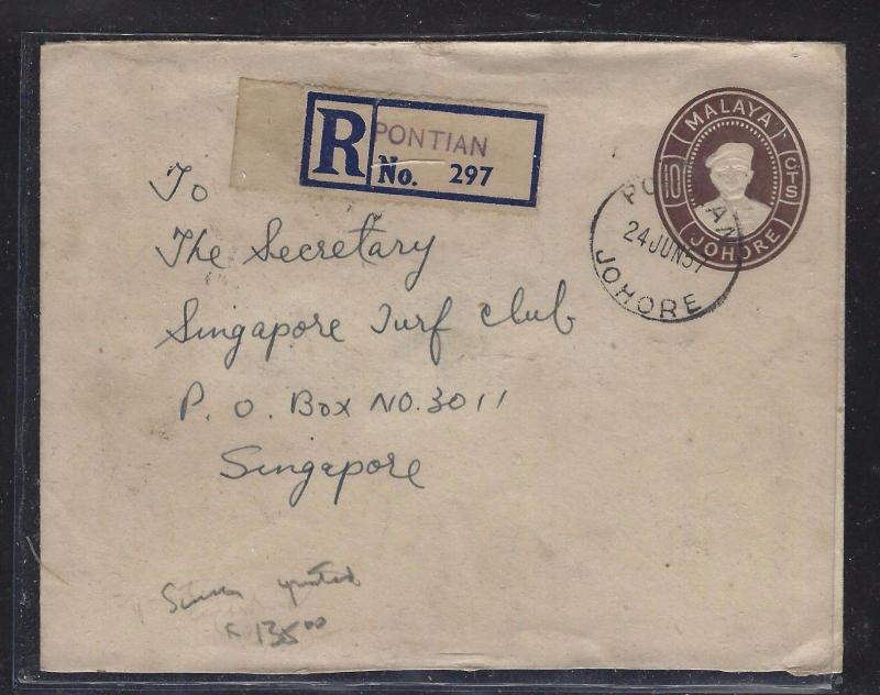 MALAYA JOHORE (P1709B) 1957 10C PSE UPRATED 10CX2 REG TO SINGAPORE