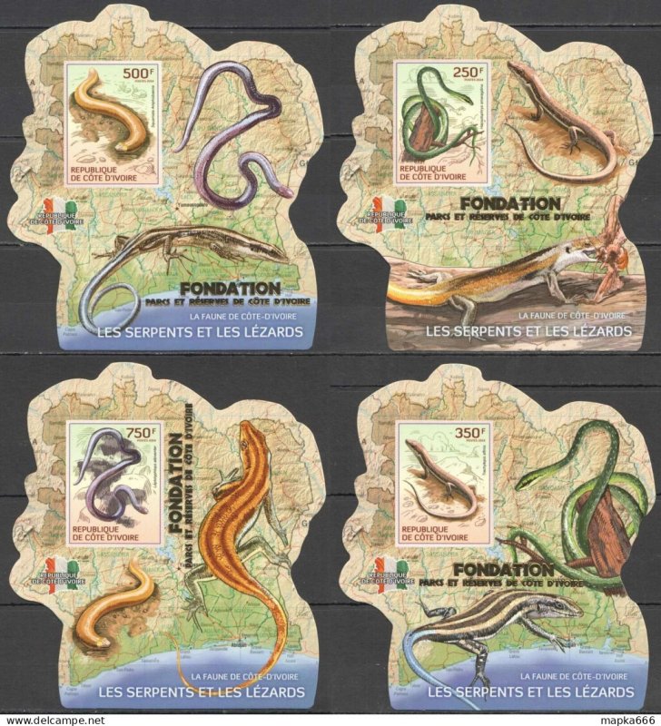 Lx262 Imperf Gold 2014 Ivory Coast Snakes & Lizards #1529-2 Uv Cardboard 4Bl Mnh