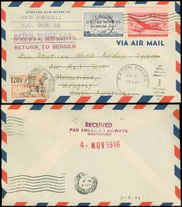 1946 BATON ROUGE LA, PAN AM 10¢ RATE TEST to URUGUAY, PANAGRA, Mixed Franking!